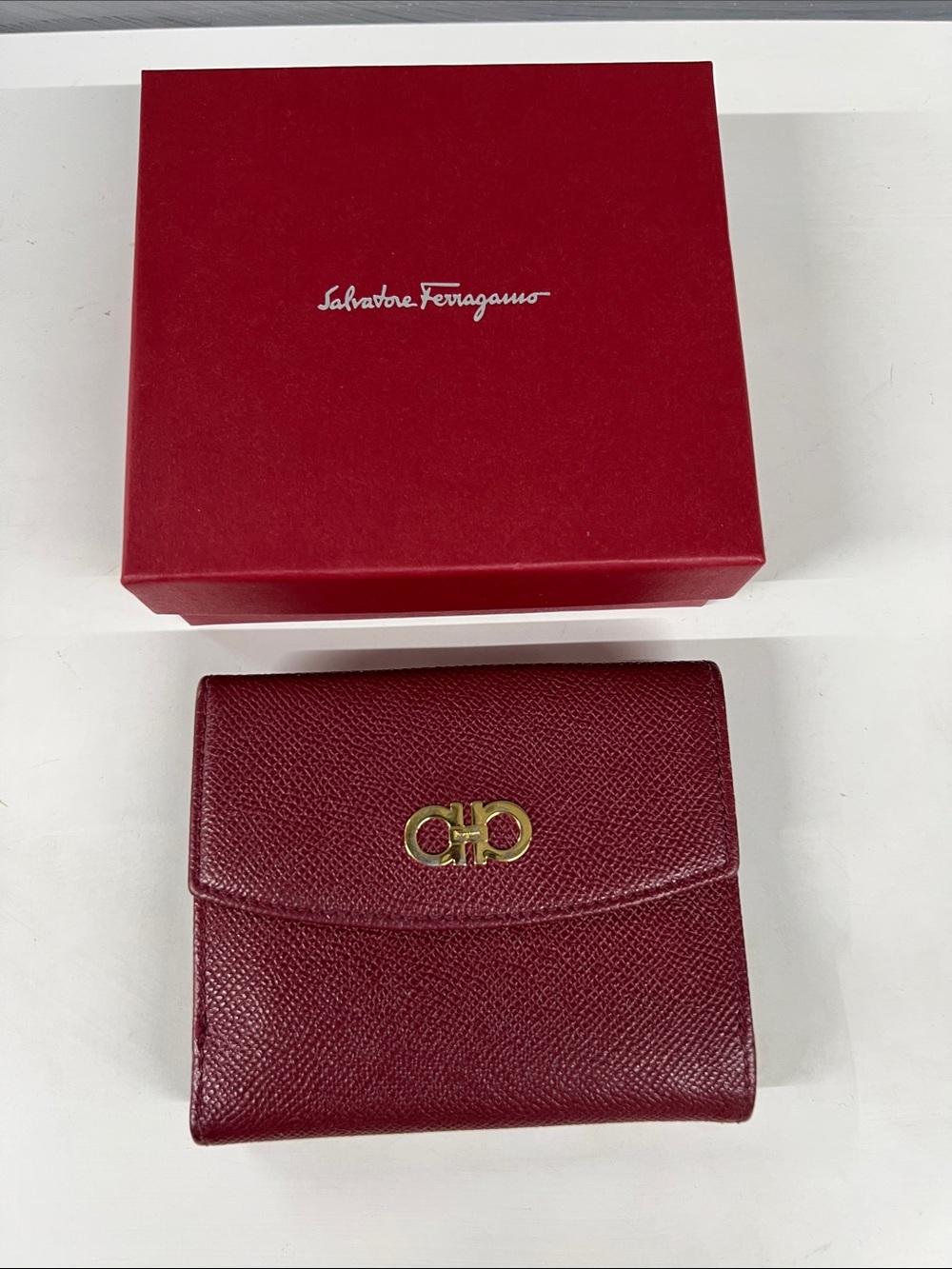 Salvatore Ferragamo Wine Red Leather Wallet with Gold Logo
